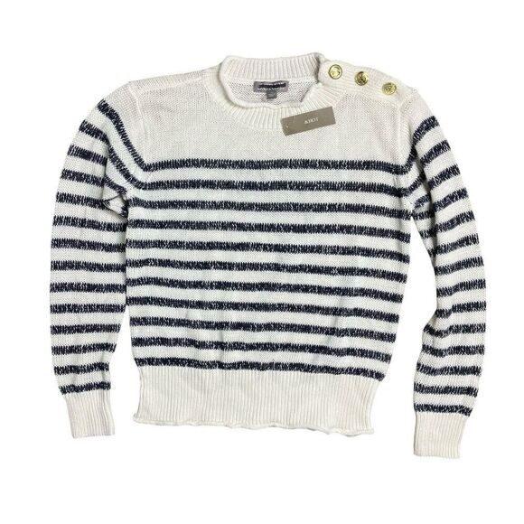 J Crew Sweater WMNS XS White Linen Blend Relaxed Beach Striped Gold Buttons - Picture 2 of 13